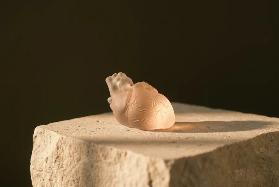 An anatomical heart of frosted glass glowing softly on a limestone block.