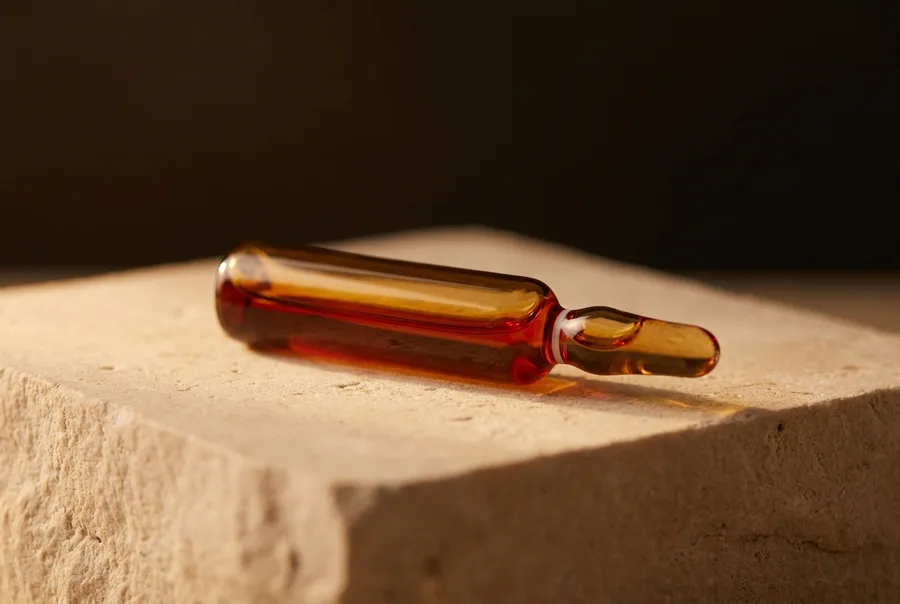 A sealed amber glass ampoule lying on a limestone block under warm directional light.