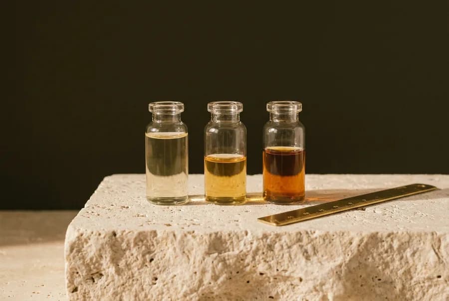 Small glass vials of golden liquid at graduated depths beside a brass ruler on limestone.