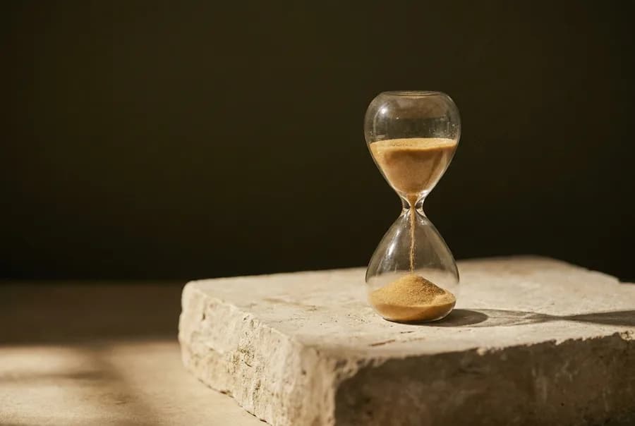 A glass hourglass with golden sand mid-flow, standing on a limestone block.